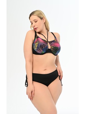 Aquaviva Kadın Büyük Beden Siyah Palmiye Desen Diana  Toparlayıcı Sürgülü Bikini Takımı