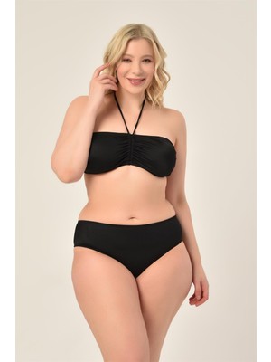 AQUAVİVA Kadın Büyük Beden Siyah Çizgili Straplez Bikini Takımı Boyundan Bağlı Model