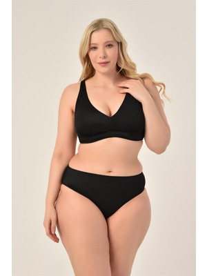 AQUAVİVA Aquaviva Kadın Siyah Çizgili Büyük Beden Üçgen Toparlayıcı Yüksek Bel Bikini Takımı