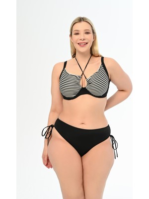 Aquaviva Kadın Büyük Beden Siyah Çizgili Diana Toparlayıcı Sürgülü Bikini Takımı