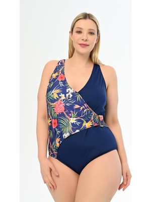 Aquaviva Kadın Büyük Beden Lacivert Çiçek Desen Martina Kruvaze Mayo