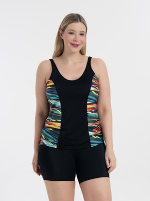 Aquaviva  Kadın Büyük Beden Siyah Karışık Desen Pamela V Yaka Şortlu Tankini