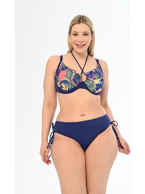 Aquaviva Kadın Büyük Beden Lacivert Çiçek Desen  Diana Toparlayıcı Sürgülü Bikini Takımı
