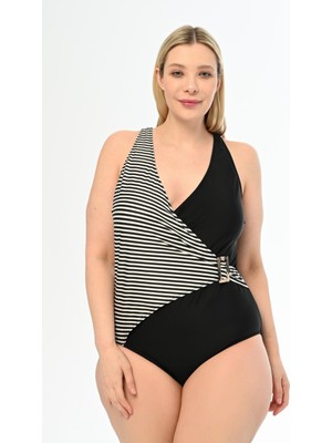 Aquaviva Kadın Büyük Beden Siyah Çizgili Martina Kruvaze  Mayo