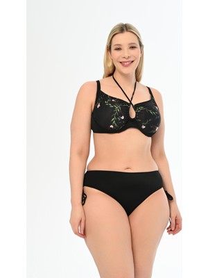 Aquaviva Kadın Büyük Beden Siyah Çiçek Desen Diana Toparlayıcı Sürgülü Bikini Takımı