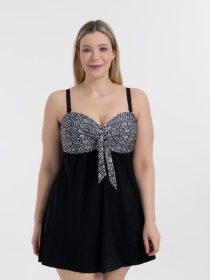 Aquaviva Kadın Büyük Beden Siyah Beyaz Baklava Desen Gloria Toparlayıcı Fiyonklu Elbise Mayo