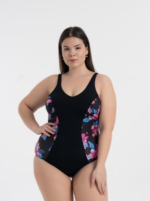 Aquaviva Kadın Siyah Çiçek Desen Büyük Beden Edna V Yaka Toparlayıcı Mayo