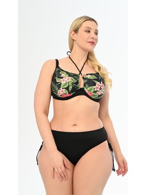 Aquaviva Kadın Büyük Beden Siyah Menekşe Desen Diana Toparlayıcı Sürgülü Bikini Takımı