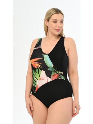 Aquaviva Kadın Büyük Beden Siyah Otantik Desen Martina Kruvaze Mayo