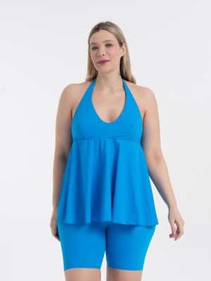 Kadın Büyük Beden Mavi Mabel Boyundan Bağlı Taytlı Tankini