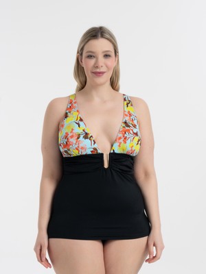 Aquaviva Kadın Siyah Mint  Desen Büyük Beden Anastasia Toparlayıcı Toka Detaylı Tankini