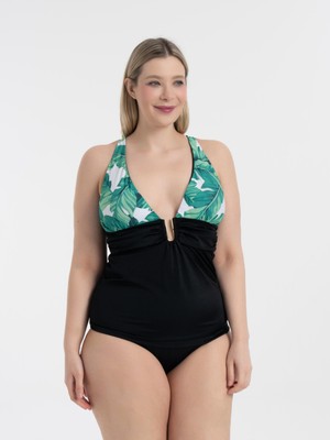 AQUAVİVA Kadın Yeşil Tropikal Desen Büyük Beden Tankini Toparlayıcı Toka Detaylı Model
