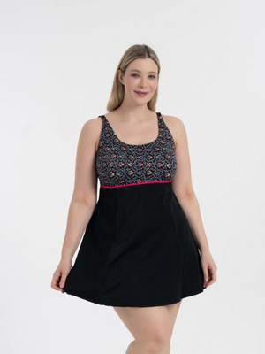 AQUAVİVA Kadın Büyük Beden Siyah Güpür Desenli Şık Elbise Mayo Ayarlanabilir Askılı