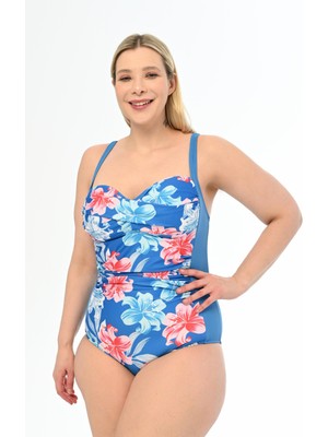 AQUAVİVA Kadın Mavi Çiçek Desen Daria Toparlayıcı Drape Detaylı Büyük Beden Mayo