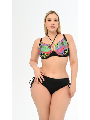 Aquaviva Kadın Büyük Beden Siyah Yeşil  Karışık Desen Diana Toparlayıcı Sürgülü Bikini Takımı