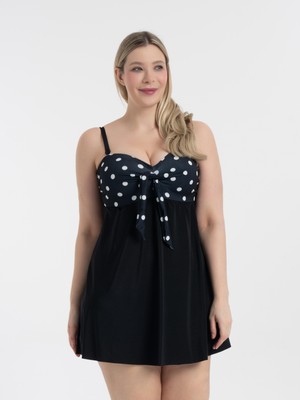 AQUAVİVA Kadın Büyük Beden Siyah Puantiyeli Toparlayıcı Fiyonklu Elbise Mayo Modeli