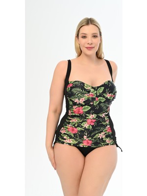 Aquaviva Kadın Büyük Beden Siyah Menekşe Desen Messina Toparlayıcı Yanı Sürgülü Tankini