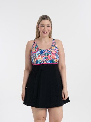 Aquaviva Kadın Büyük Beden  Siyah Karanfil Desen Toparlayıcı Ara Biyeli Ayar Askılı Şık  Elbise Mayo