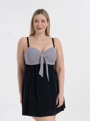 AQUAVİVA Kadın Büyük Beden Siyah Petek Desen Toparlayıcı Fiyonklu Elbise Mayo Gloria Model