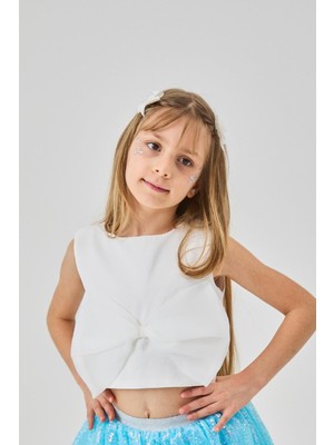 Ekru  Fiyonk Detaylı Kız Çocuk Crop
