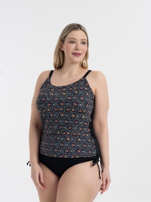 Aquaviva Kadın Siyah Çiçek Desen Büyük Beden Christiana Toparlayıcı Ayar Askılı Tankini