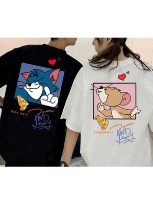 Tarz Sokak Tom ve Jerry Baskılı Siyah - Beyaz Oversize Sevgili Çift