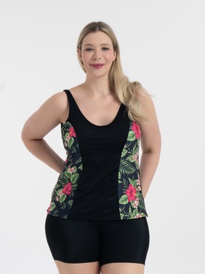 Aquaviva Kadın Büyük Beden Siyah Menekşe Desen Pamela V Yaka Şortlu Tankini