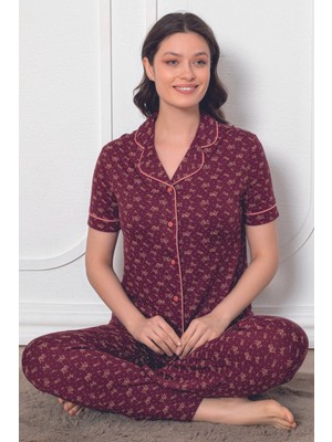 Intensive Collection Kadın Bordo Desenli Pembe Biyeli Kısa Kollu Pijama Takımı