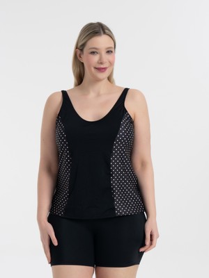 Aquaviva Kadın Büyük Beden Siyah Puantiyeli Pamela V Yaka Şortlu Tankini