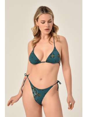 Aquaviva Kadın Petrol Şal Desen  Üçgen Slip Büzgülü Brazılıan Bikini Takımı