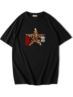 Brz Collection Kadın Ciao Leopar Yıldız Desenli T-Shirt Beyaz