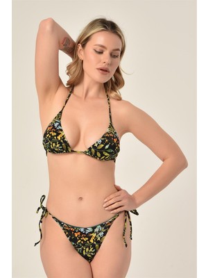 Aquaviva Kadın Siyah Yeşil Yaprak Desen Üçgen Slip Büzgülü Brazılıan Bikini Takımı