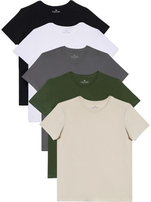 Unisex 5'li Paket Siyah-Beyaz-K. Gri-Haki-Taş Slim Fit Dar Kesim %100 Pamuk Bisiklet Yaka Tişört