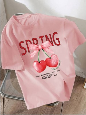 Tarz Sokak   Kalpli Kiraz Baskılı Oversize Rahat Kalıp Bisiklet Yaka Kadın