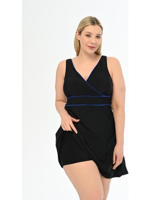 Aquaviva Kadın Siyah-Saks Büyük Beden Alesta Şortlu Elbise Mayo