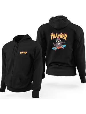 Trasher Skate Racoon Siyah Fermuarlı Limited Edition Kapşonlu Sweatshirt