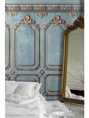3 Boyutlu Duvar Kağıdı Vintage Altın Çerçeve Görünümlü Duvar En x Boy