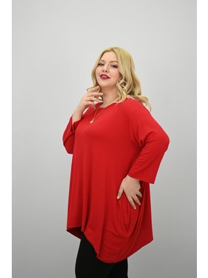 Moda Xlarge Kadın Büyük Beden Truvakar Kol Asimetrik Kesim Tunik 1964-25