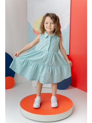 Kız Çocuk Fırfırlı Gömlek Yaka Elbise - Mint