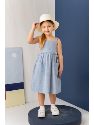 Kız Çocuk Askılı Cepli Midi Elbise - Indigo