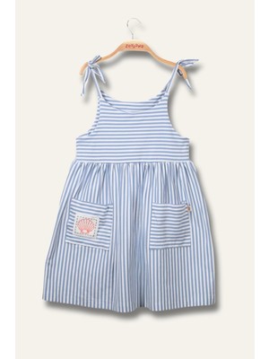 Kız Çocuk Askılı Çizgili Penye Elbise - Mavi Çizgili