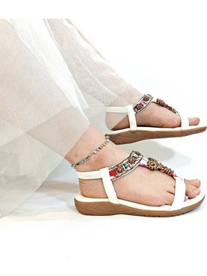 Voyager 9639 Beyaz Taban Masajlı Taş Işlemeli Bayan Sandalet