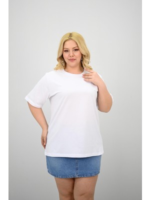 Kadın Büyük Beden Kısa Kollu Bisiklet Yaka Oversize T-Shirt 1963-25