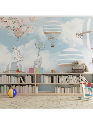 Mavi Uçan Balonlar Desenli Silinebilir Kumaş Duvar Kağıdı  - En x Boy - Çocuk Odası Dekor