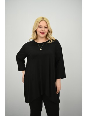 Moda Xlarge Kadın Büyük Beden Truvakar Kol Asimetrik Kesim Tunik 1964-25