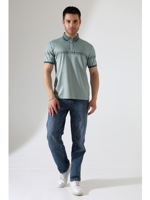 ribana Fermuar Detaylı Desenli Pamuklu Polo Yaka T-Shirt