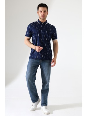 ribana Erkek Yakası Çıt Çıt ve Fermuar Detaylı, Desenli Polo Yaka T-Shirt