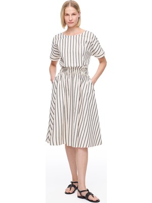 Krem Chatos Slim Fit Çizgili Diz Altı Elbise