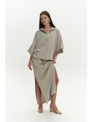 Mai Dina Çizgili Gömlek Etek Soft Haki Takım