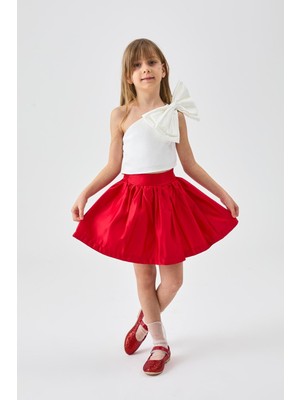 Kırmızı  Tek Omuzlu Fiyonk Detaylı Etek Crop Kız Çocuk Ikili Takım - Luisa